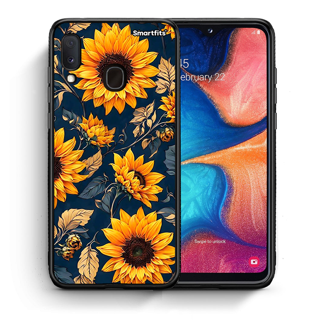 Θήκη Samsung A20e Autumn Sunflowers από τη Smartfits με σχέδιο στο πίσω μέρος και μαύρο περίβλημα | Samsung A20e Autumn Sunflowers case with colorful back and black bezels