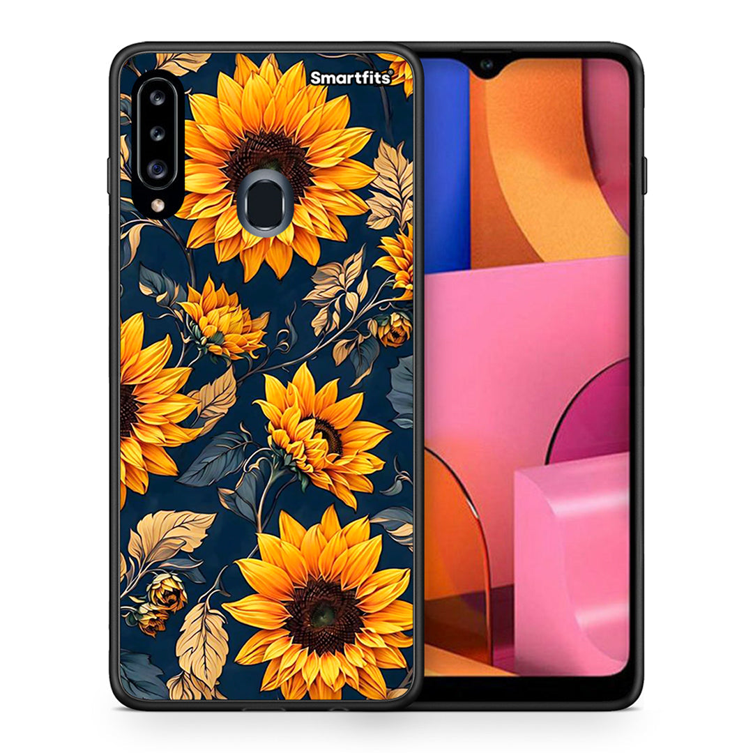 Θήκη Samsung Galaxy A20s Autumn Sunflowers από τη Smartfits με σχέδιο στο πίσω μέρος και μαύρο περίβλημα | Samsung Galaxy A20s Autumn Sunflowers case with colorful back and black bezels