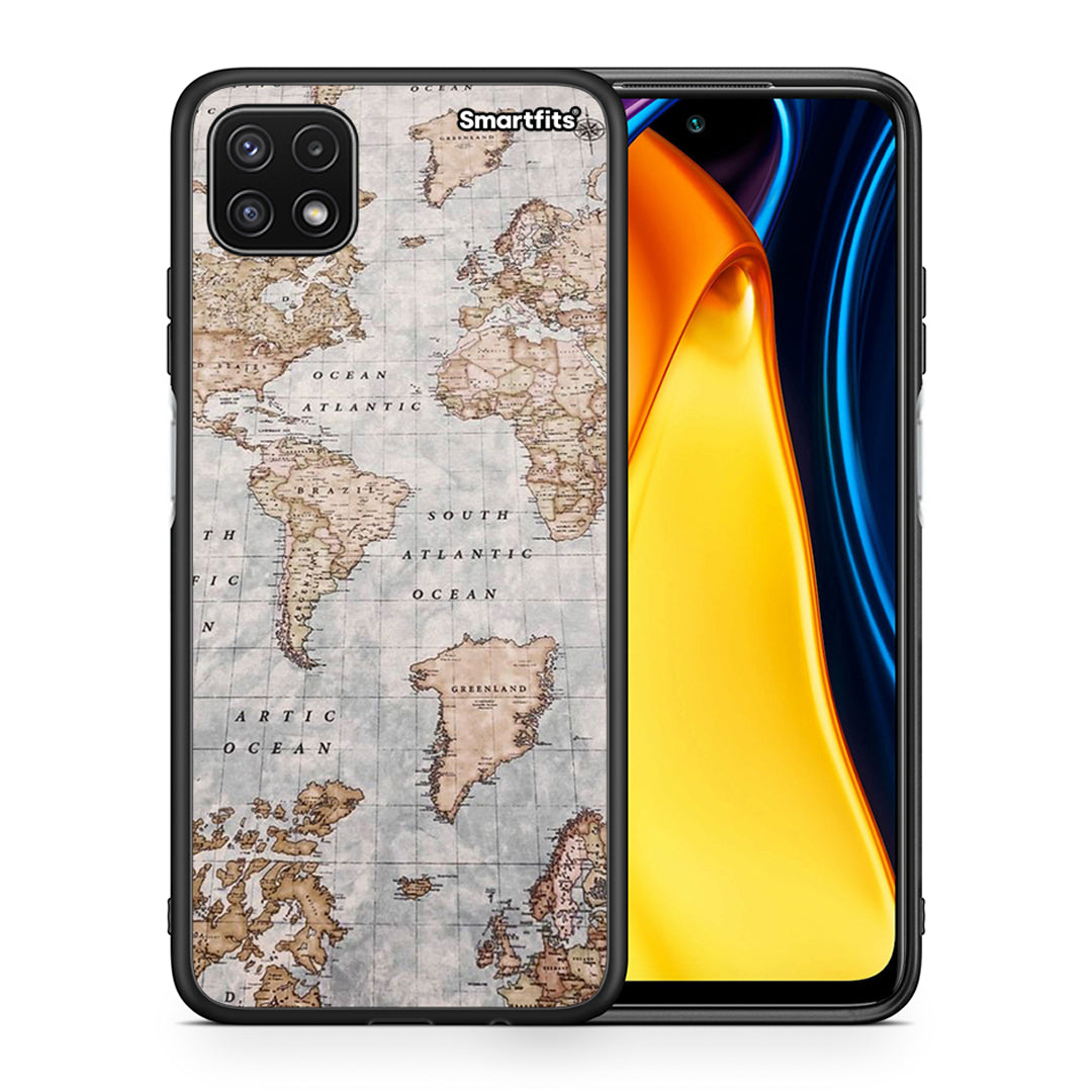 Θήκη Samsung A22 5G World Map από τη Smartfits με σχέδιο στο πίσω μέρος και μαύρο περίβλημα | Samsung A22 5G World Map case with colorful back and black bezels