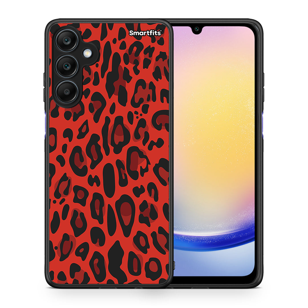 Θήκη Samsung Galaxy A25 5G Red Leopard Animal από τη Smartfits με σχέδιο στο πίσω μέρος και μαύρο περίβλημα | Samsung Galaxy A25 5G Red Leopard Animal case with colorful back and black bezels