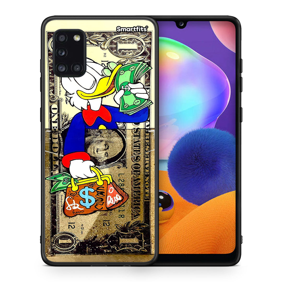 Θήκη Samsung Galaxy A31 Duck Money από τη Smartfits με σχέδιο στο πίσω μέρος και μαύρο περίβλημα | Samsung Galaxy A31 Duck Money case with colorful back and black bezels