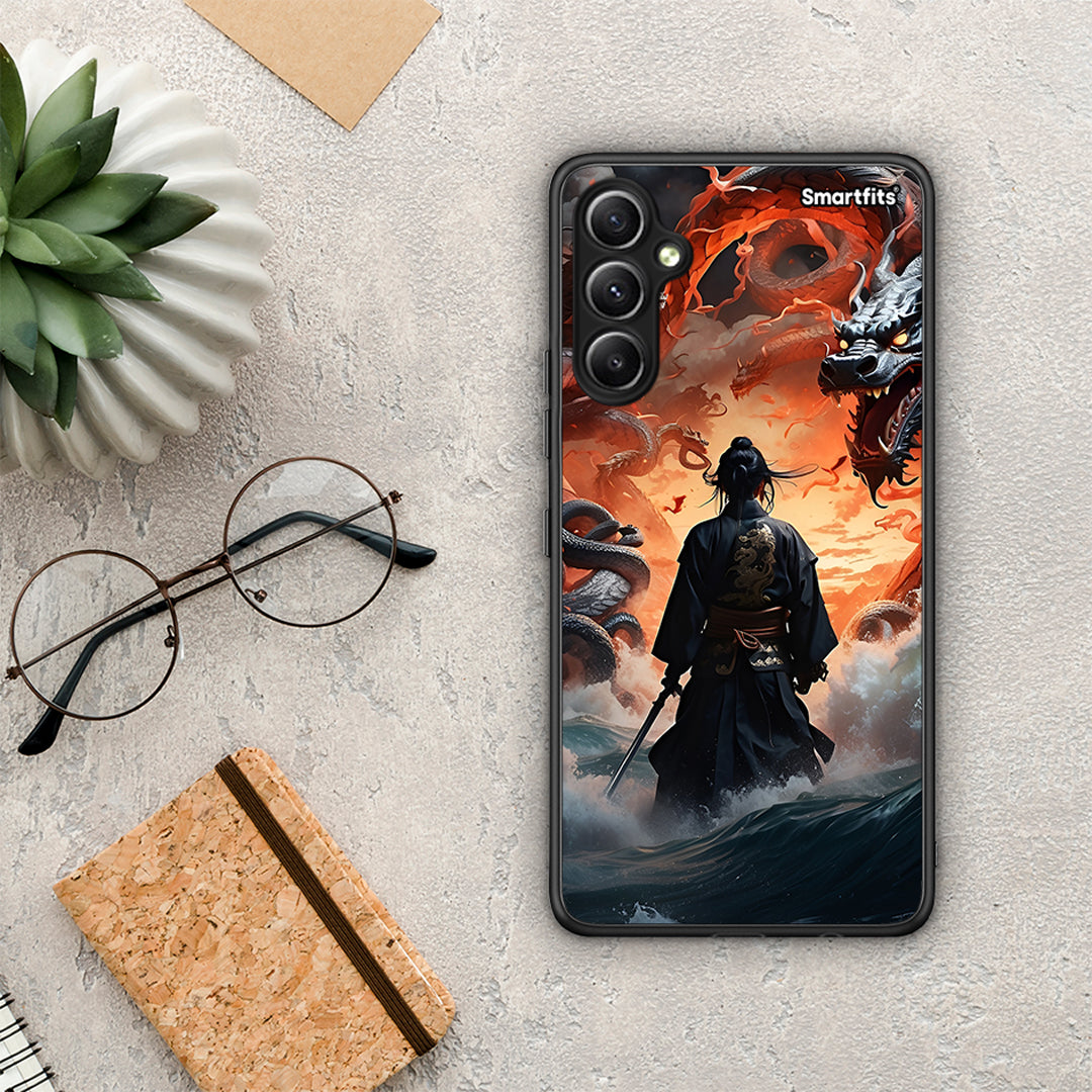 Θήκη Samsung Galaxy A34 Dragons Fight από τη Smartfits με σχέδιο στο πίσω μέρος και μαύρο περίβλημα | Samsung Galaxy A34 Dragons Fight Case with Colorful Back and Black Bezels