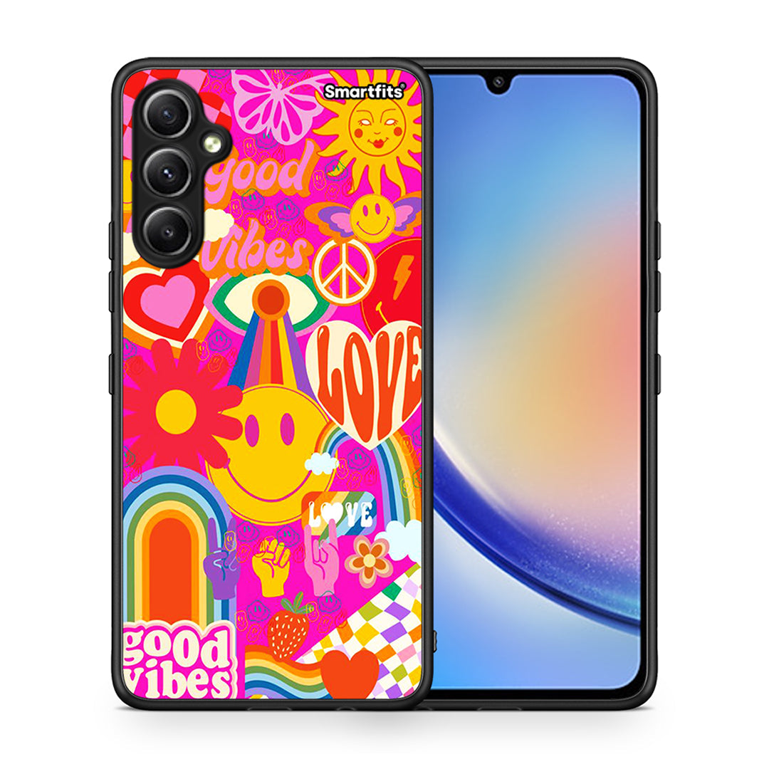 Θήκη Samsung Galaxy A34 Hippie Love από τη Smartfits με σχέδιο στο πίσω μέρος και μαύρο περίβλημα | Samsung Galaxy A34 Hippie Love Case with Colorful Back and Black Bezels