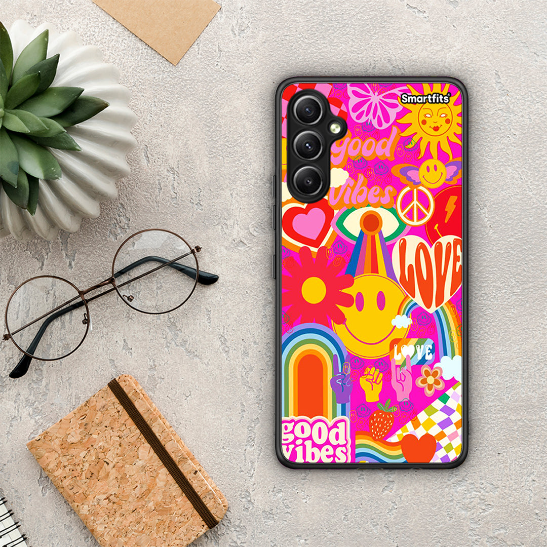 Θήκη Samsung Galaxy A34 Hippie Love από τη Smartfits με σχέδιο στο πίσω μέρος και μαύρο περίβλημα | Samsung Galaxy A34 Hippie Love Case with Colorful Back and Black Bezels