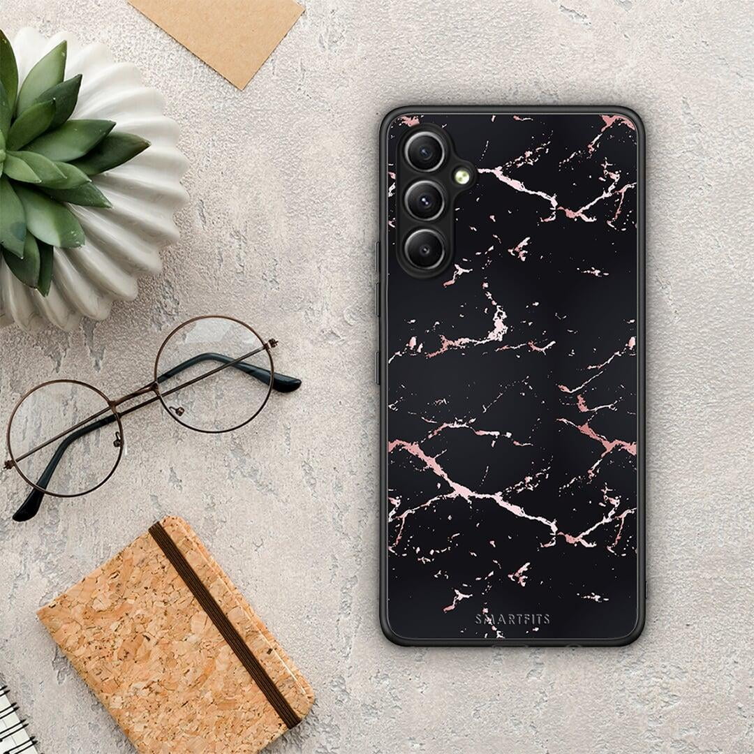 Θήκη Samsung Galaxy A34 Marble Black Rosegold από τη Smartfits με σχέδιο στο πίσω μέρος και μαύρο περίβλημα | Samsung Galaxy A34 Marble Black Rosegold Case with Colorful Back and Black Bezels