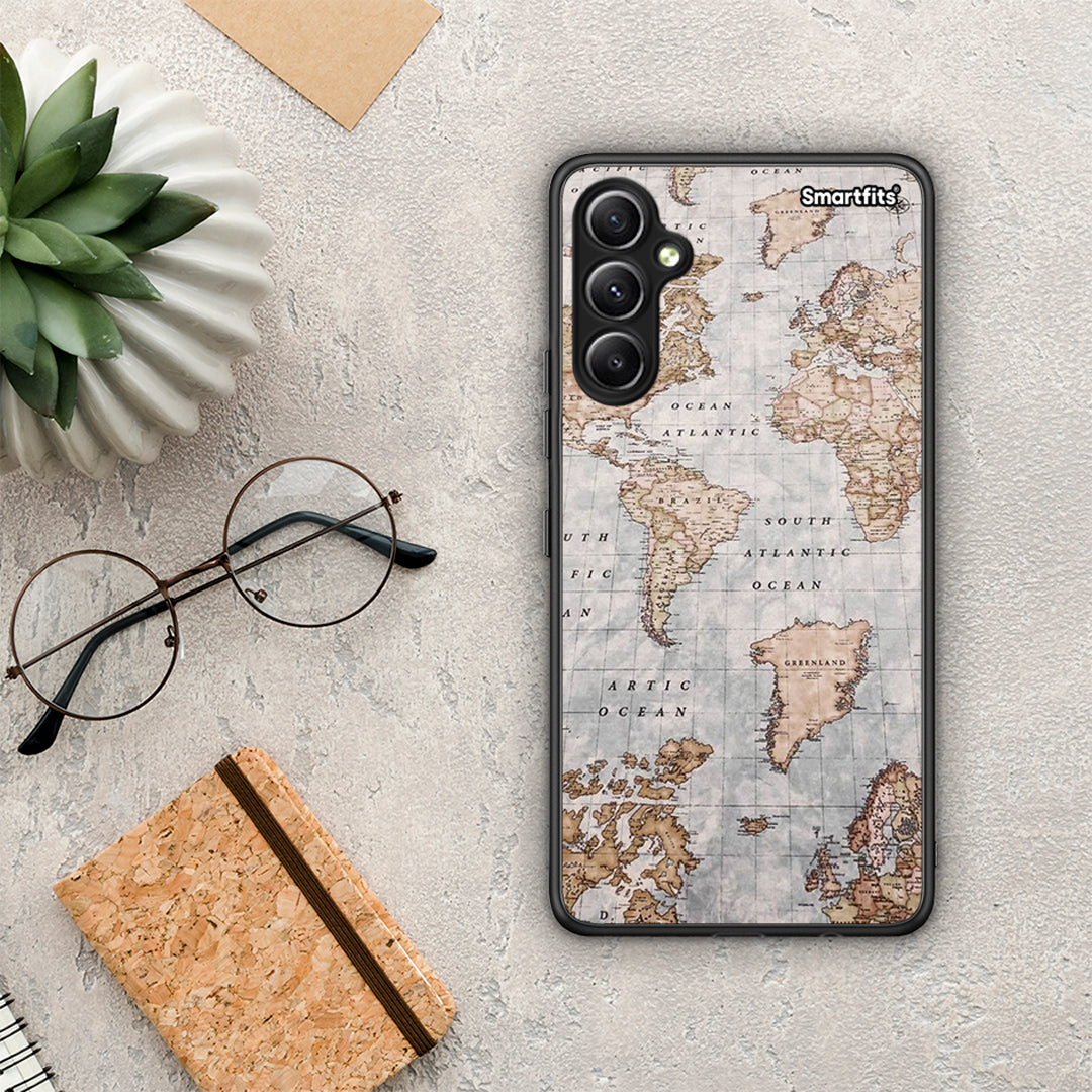 Θήκη Samsung Galaxy A34 World Map από τη Smartfits με σχέδιο στο πίσω μέρος και μαύρο περίβλημα | Samsung Galaxy A34 World Map Case with Colorful Back and Black Bezels
