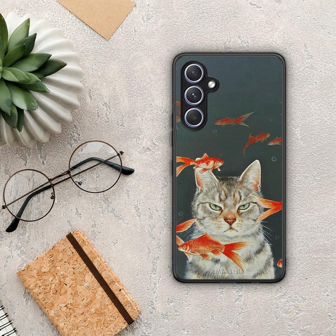 Θήκη Samsung Galaxy A54 Cat Goldfish από τη Smartfits με σχέδιο στο πίσω μέρος και μαύρο περίβλημα | Samsung Galaxy A54 Cat Goldfish Case with Colorful Back and Black Bezels