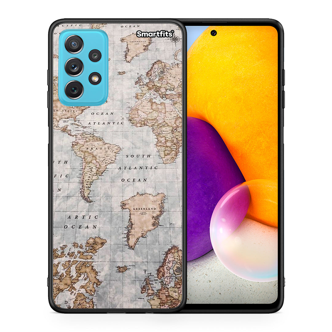 Θήκη Samsung A72 World Map από τη Smartfits με σχέδιο στο πίσω μέρος και μαύρο περίβλημα | Samsung A72 World Map case with colorful back and black bezels