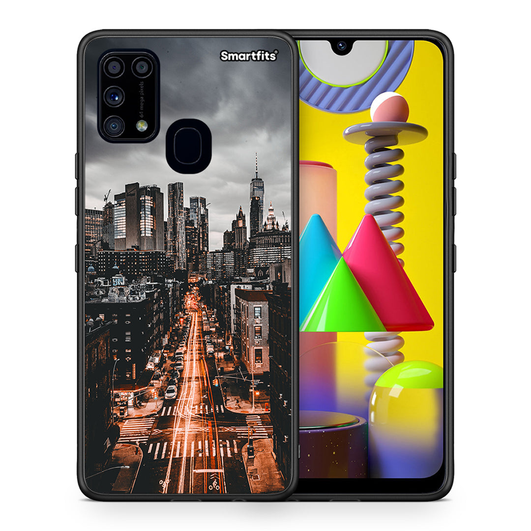 Θήκη Samsung M31 City Lights από τη Smartfits με σχέδιο στο πίσω μέρος και μαύρο περίβλημα | Samsung M31 City Lights case with colorful back and black bezels