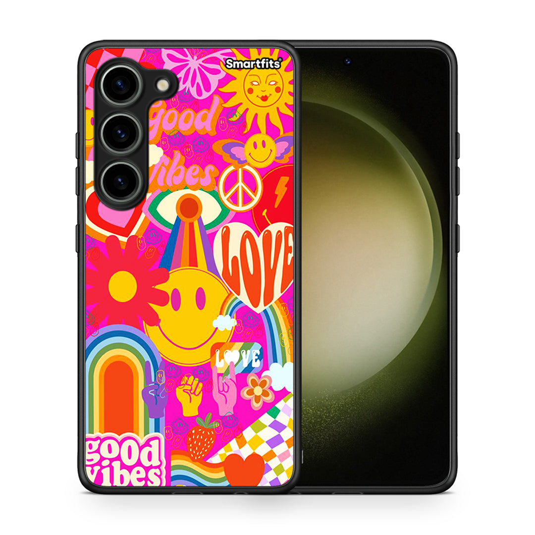 Θήκη Samsung Galaxy S23 Hippie Love από τη Smartfits με σχέδιο στο πίσω μέρος και μαύρο περίβλημα | Samsung Galaxy S23 Hippie Love Case with Colorful Back and Black Bezels