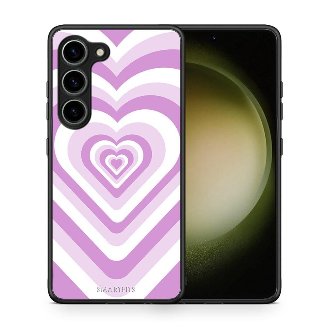 Θήκη Samsung Galaxy S23 Lilac Hearts από τη Smartfits με σχέδιο στο πίσω μέρος και μαύρο περίβλημα | Samsung Galaxy S23 Lilac Hearts Case with Colorful Back and Black Bezels