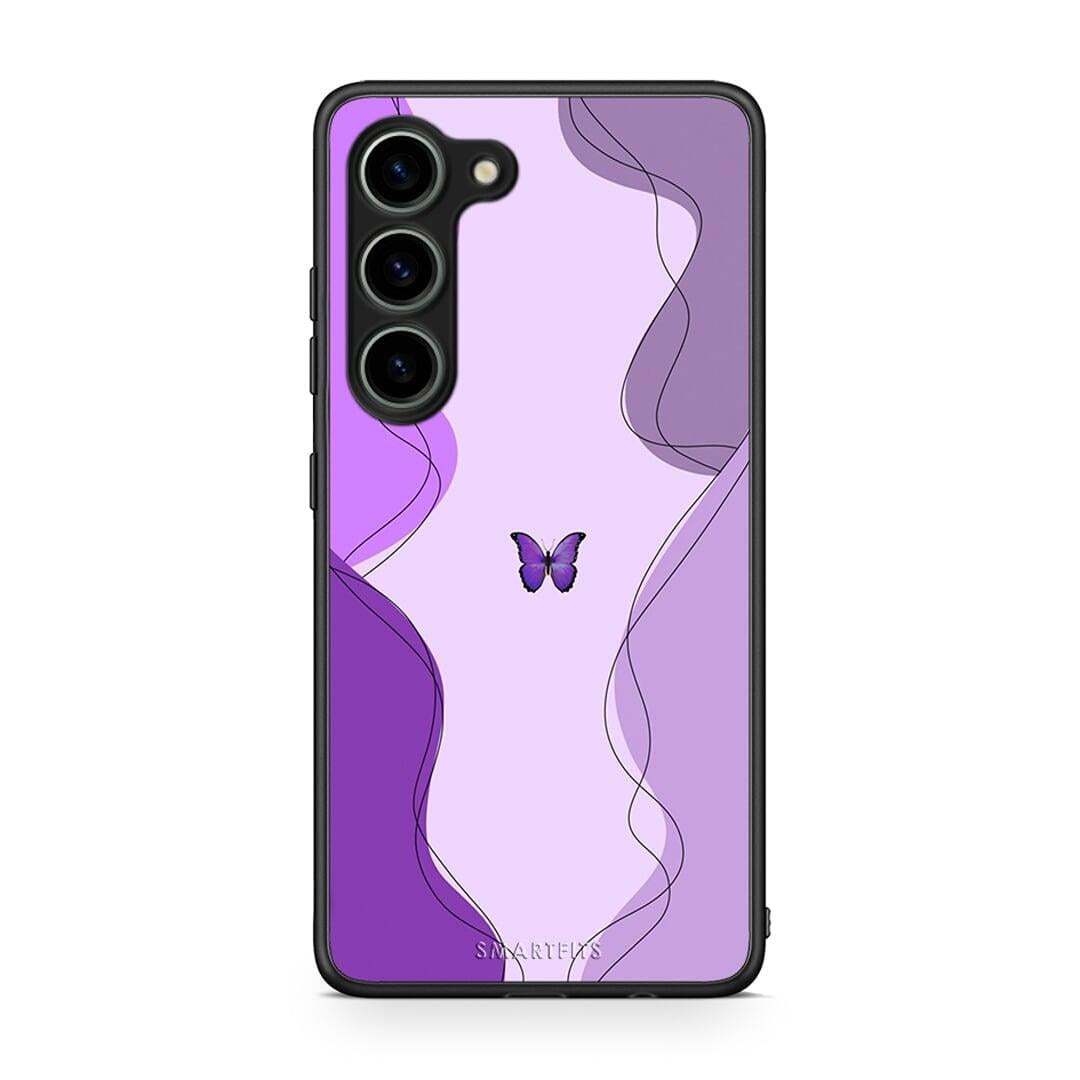 Θήκη Samsung Galaxy S23 Purple Mariposa από τη Smartfits με σχέδιο στο πίσω μέρος και μαύρο περίβλημα | Samsung Galaxy S23 Purple Mariposa Case with Colorful Back and Black Bezels