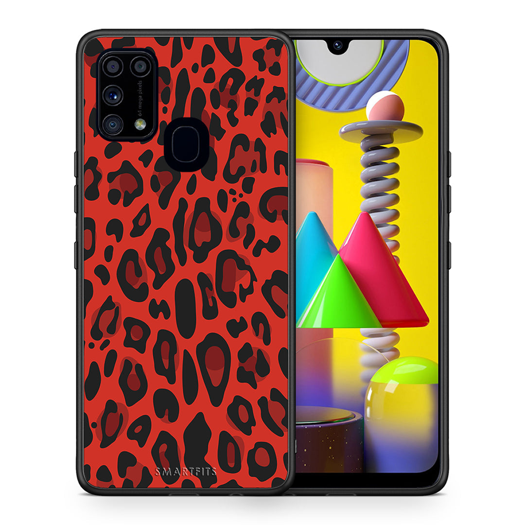 Θήκη Samsung M31 Red Leopard Animal από τη Smartfits με σχέδιο στο πίσω μέρος και μαύρο περίβλημα | Samsung M31 Red Leopard Animal case with colorful back and black bezels
