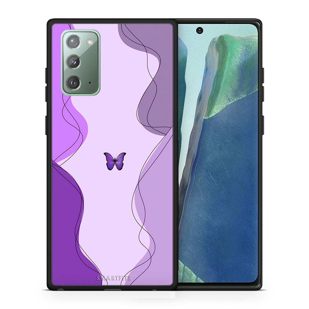 Θήκη Αγίου Βαλεντίνου Samsung Note 20 Purple Mariposa από τη Smartfits με σχέδιο στο πίσω μέρος και μαύρο περίβλημα | Samsung Note 20 Purple Mariposa case with colorful back and black bezels