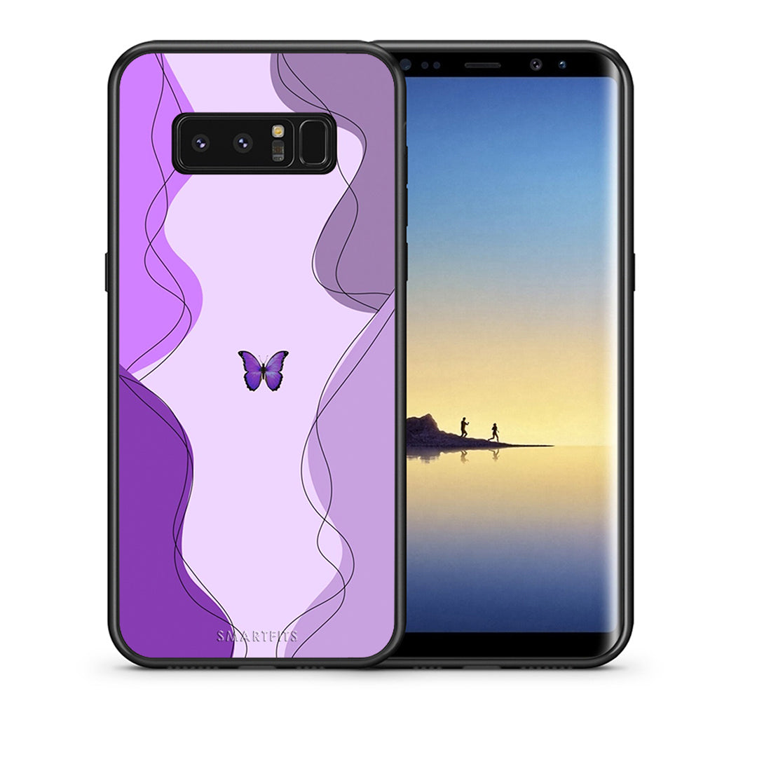 Θήκη Αγίου Βαλεντίνου Samsung Note 8 Purple Mariposa από τη Smartfits με σχέδιο στο πίσω μέρος και μαύρο περίβλημα | Samsung Note 8 Purple Mariposa case with colorful back and black bezels