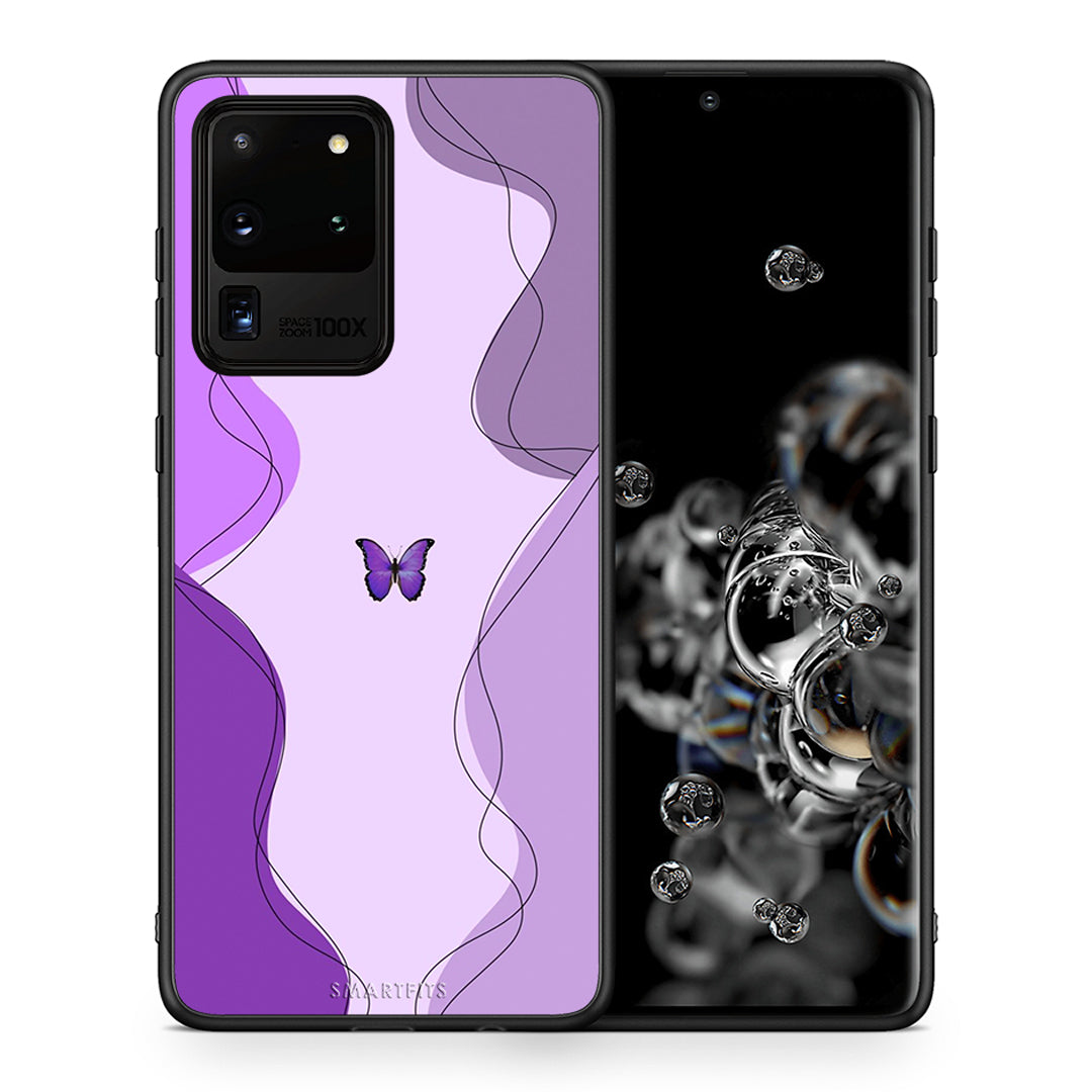 Θήκη Αγίου Βαλεντίνου Samsung S20 Ultra Purple Mariposa από τη Smartfits με σχέδιο στο πίσω μέρος και μαύρο περίβλημα | Samsung S20 Ultra Purple Mariposa case with colorful back and black bezels