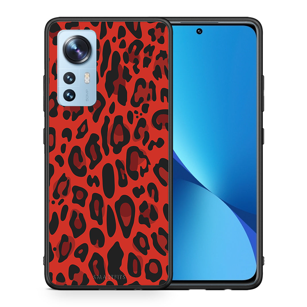 Θήκη Xiaomi 12/12X 5G Red Leopard Animal από τη Smartfits με σχέδιο στο πίσω μέρος και μαύρο περίβλημα | Xiaomi 12/12X 5G Red Leopard Animal case with colorful back and black bezels