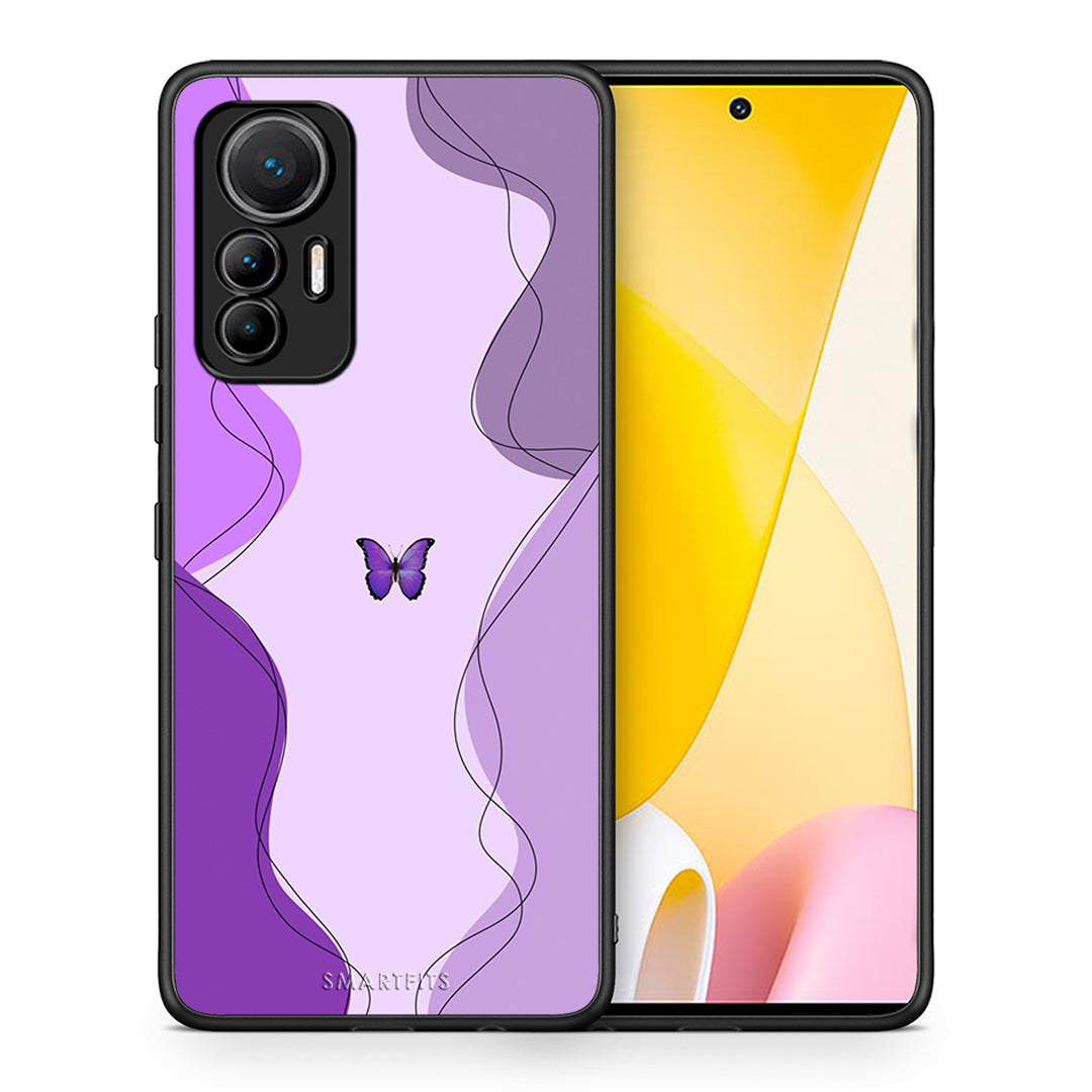 Θήκη Αγίου Βαλεντίνου Xiaomi 12 Lite 5G Purple Mariposa από τη Smartfits με σχέδιο στο πίσω μέρος και μαύρο περίβλημα | Xiaomi 12 Lite 5G Purple Mariposa case with colorful back and black bezels