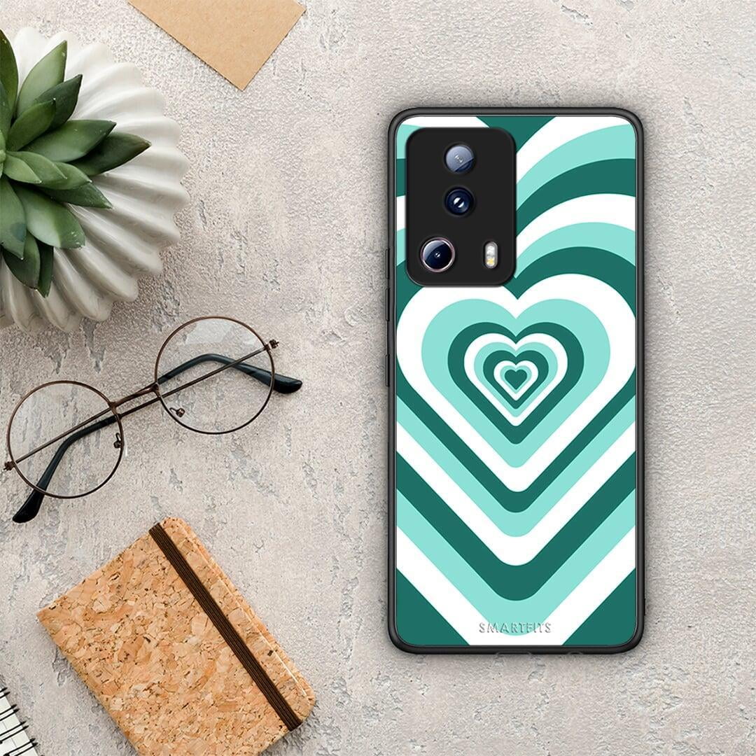 Θήκη Xiaomi 13 Lite 5G Green Hearts από τη Smartfits με σχέδιο στο πίσω μέρος και μαύρο περίβλημα | Xiaomi 13 Lite 5G Green Hearts Case with Colorful Back and Black Bezels
