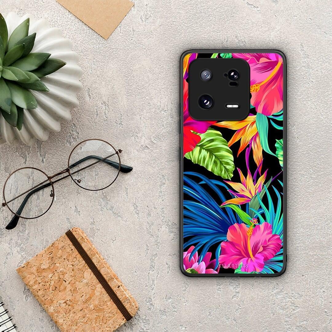 Θήκη Xiaomi 13 Tropical Flowers από τη Smartfits με σχέδιο στο πίσω μέρος και μαύρο περίβλημα | Xiaomi 13 Tropical Flowers Case with Colorful Back and Black Bezels