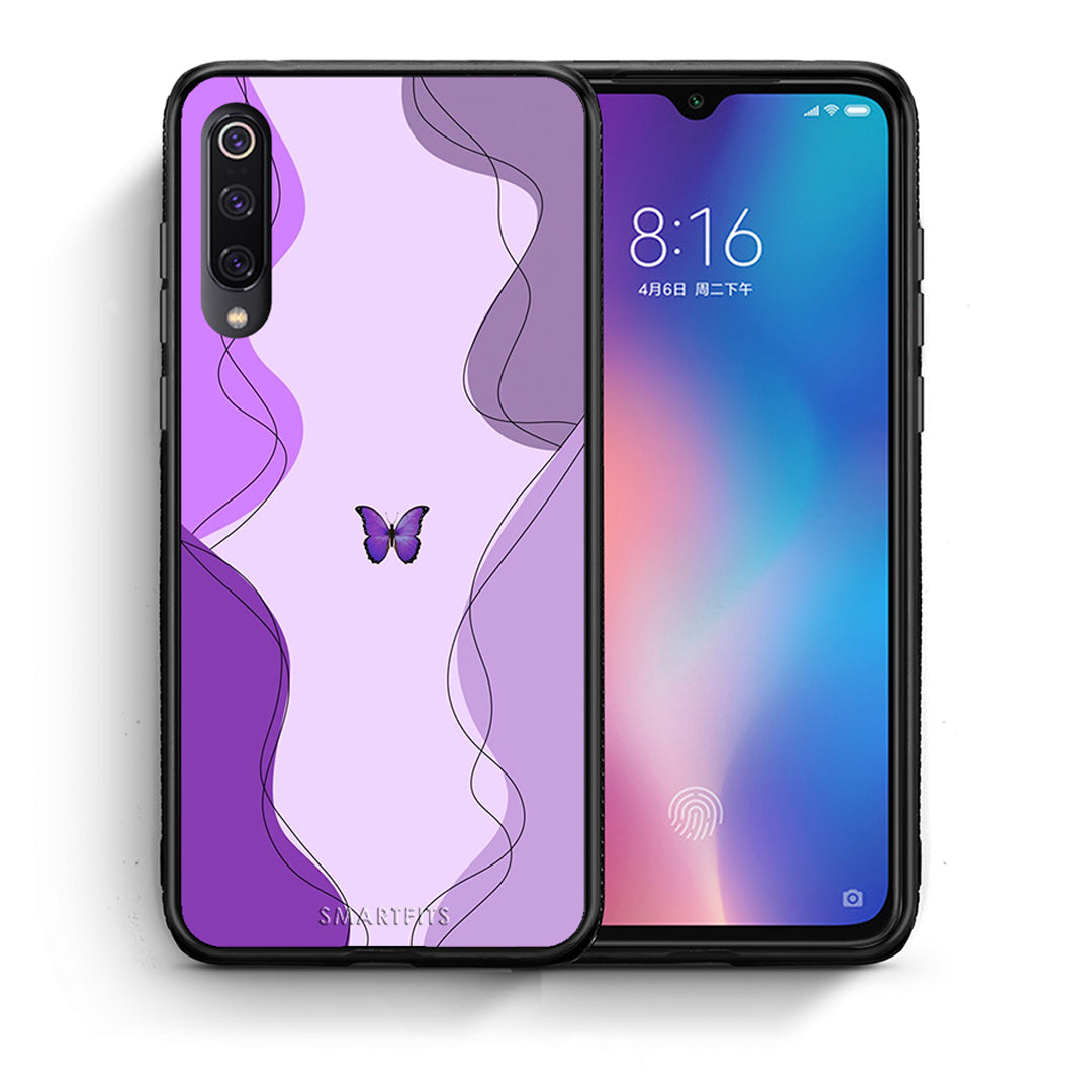 Θήκη Αγίου Βαλεντίνου Xiaomi Mi 9 Purple Mariposa από τη Smartfits με σχέδιο στο πίσω μέρος και μαύρο περίβλημα | Xiaomi Mi 9 Purple Mariposa case with colorful back and black bezels