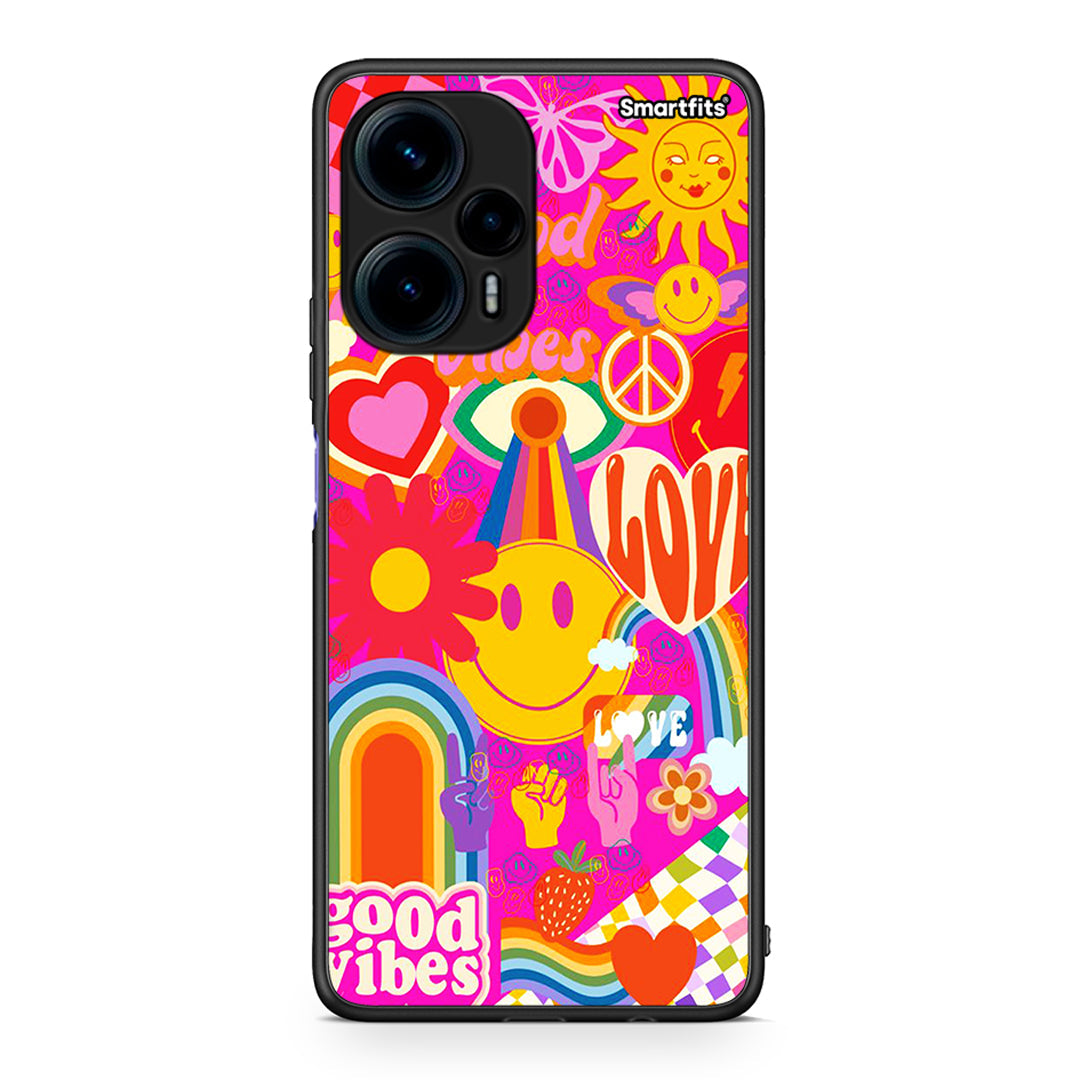 Θήκη Xiaomi Poco F5 5G Hippie Love από τη Smartfits με σχέδιο στο πίσω μέρος και μαύρο περίβλημα | Xiaomi Poco F5 5G Hippie Love Case with Colorful Back and Black Bezels