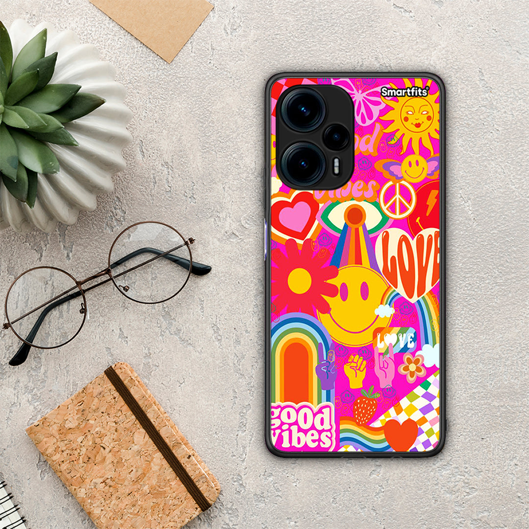 Θήκη Xiaomi Poco F5 5G Hippie Love από τη Smartfits με σχέδιο στο πίσω μέρος και μαύρο περίβλημα | Xiaomi Poco F5 5G Hippie Love Case with Colorful Back and Black Bezels