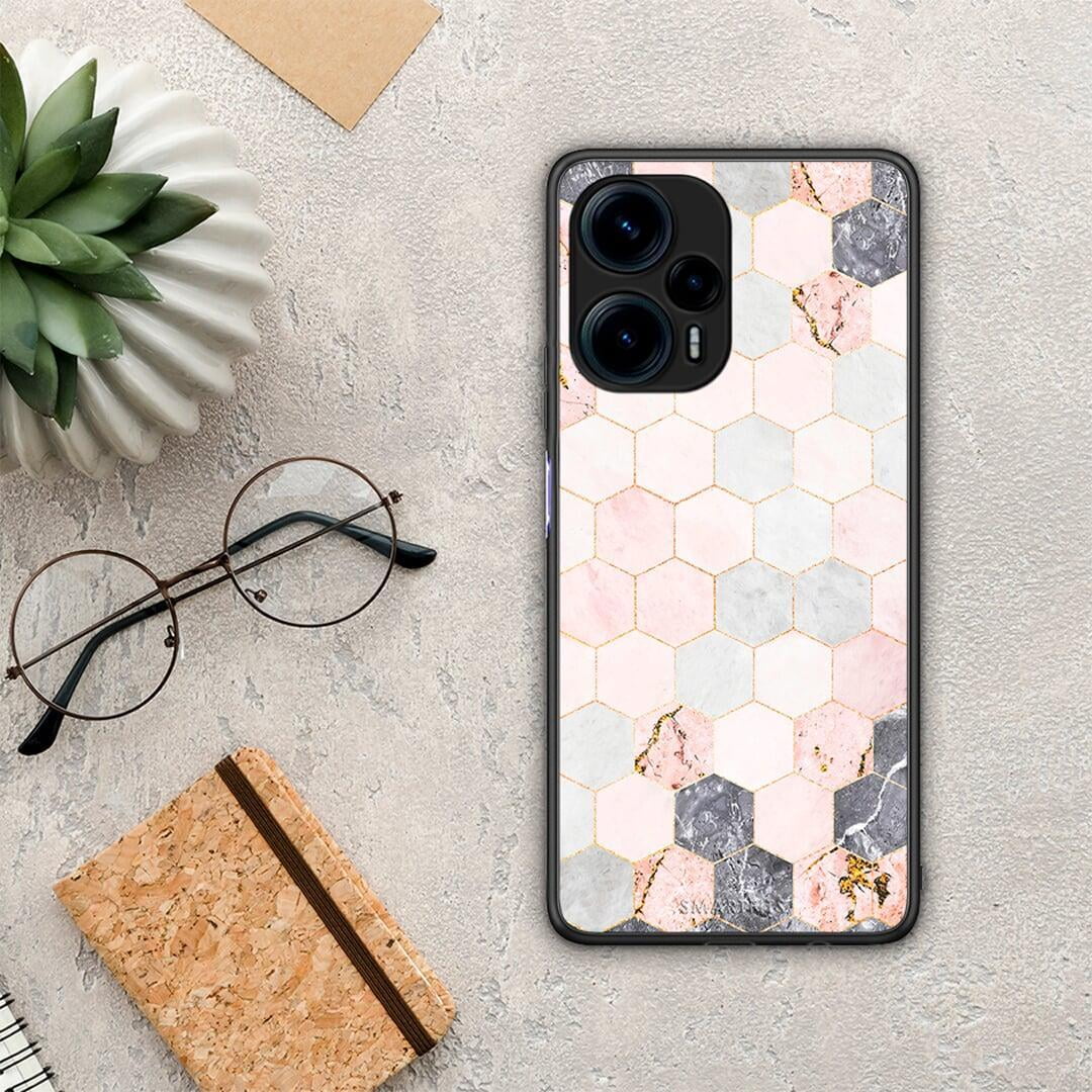 Θήκη Xiaomi Poco F5 5G Marble Hexagon Pink από τη Smartfits με σχέδιο στο πίσω μέρος και μαύρο περίβλημα | Xiaomi Poco F5 5G Marble Hexagon Pink Case with Colorful Back and Black Bezels