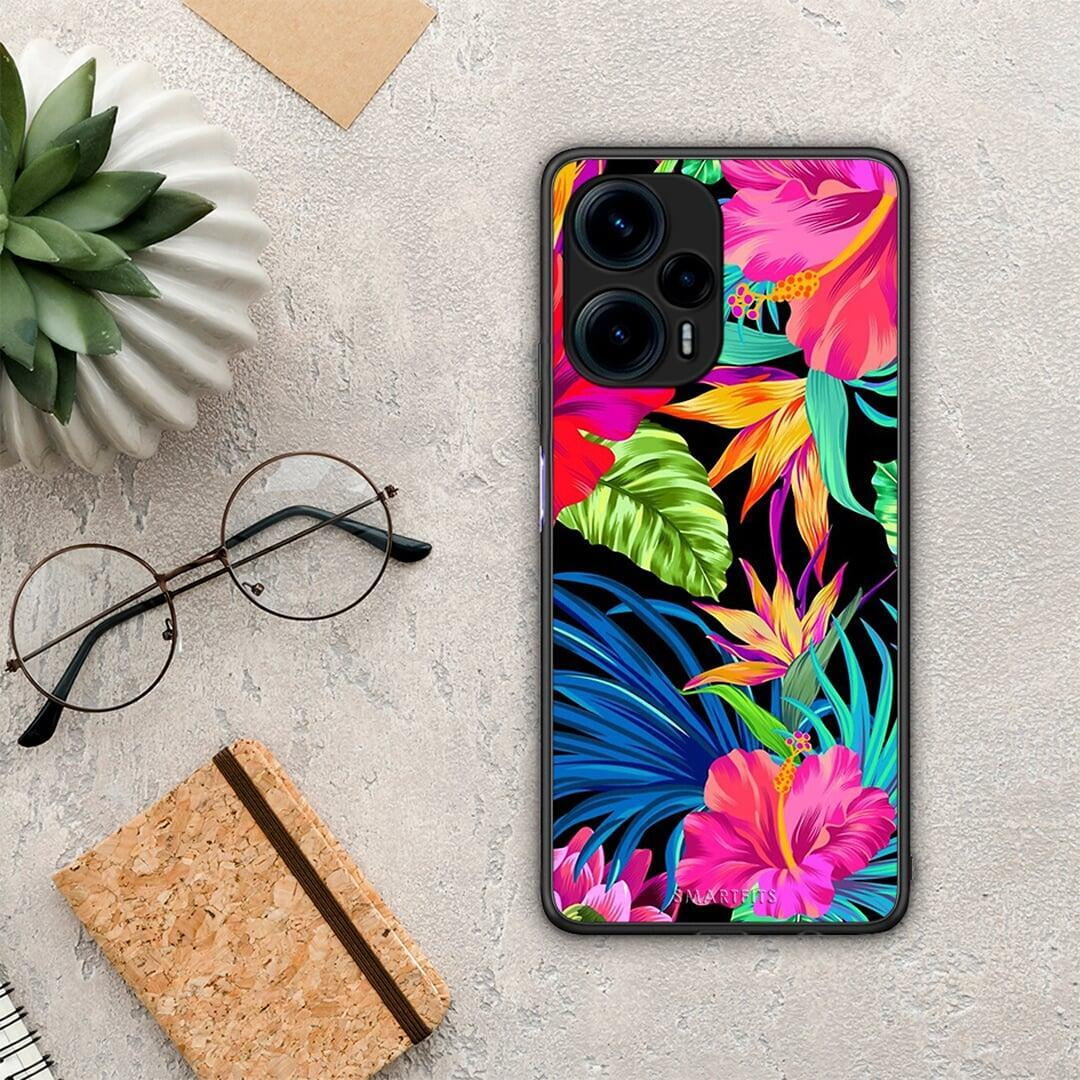 Θήκη Xiaomi Poco F5 5G Tropical Flowers από τη Smartfits με σχέδιο στο πίσω μέρος και μαύρο περίβλημα | Xiaomi Poco F5 5G Tropical Flowers Case with Colorful Back and Black Bezels