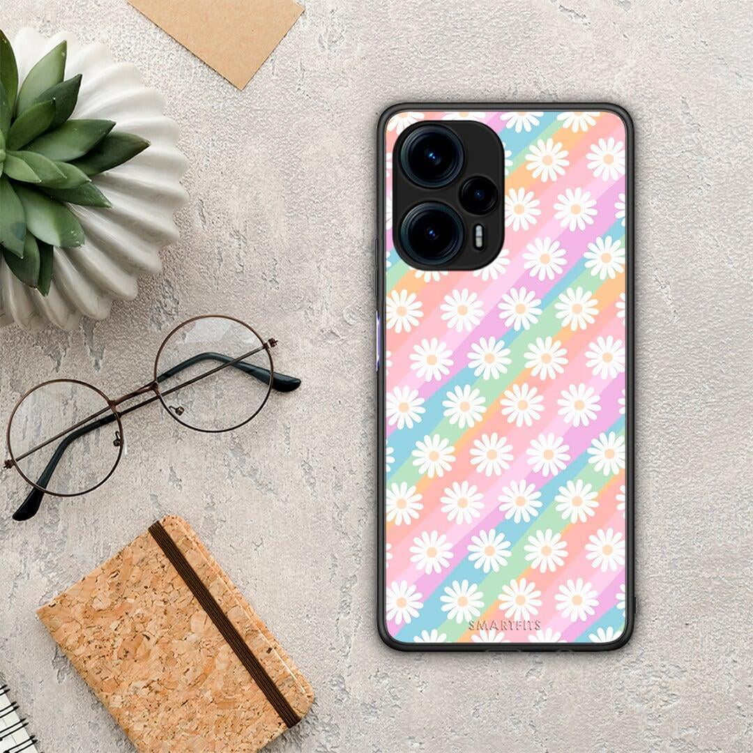 Θήκη Xiaomi Poco F5 5G White Daisies από τη Smartfits με σχέδιο στο πίσω μέρος και μαύρο περίβλημα | Xiaomi Poco F5 5G White Daisies Case with Colorful Back and Black Bezels
