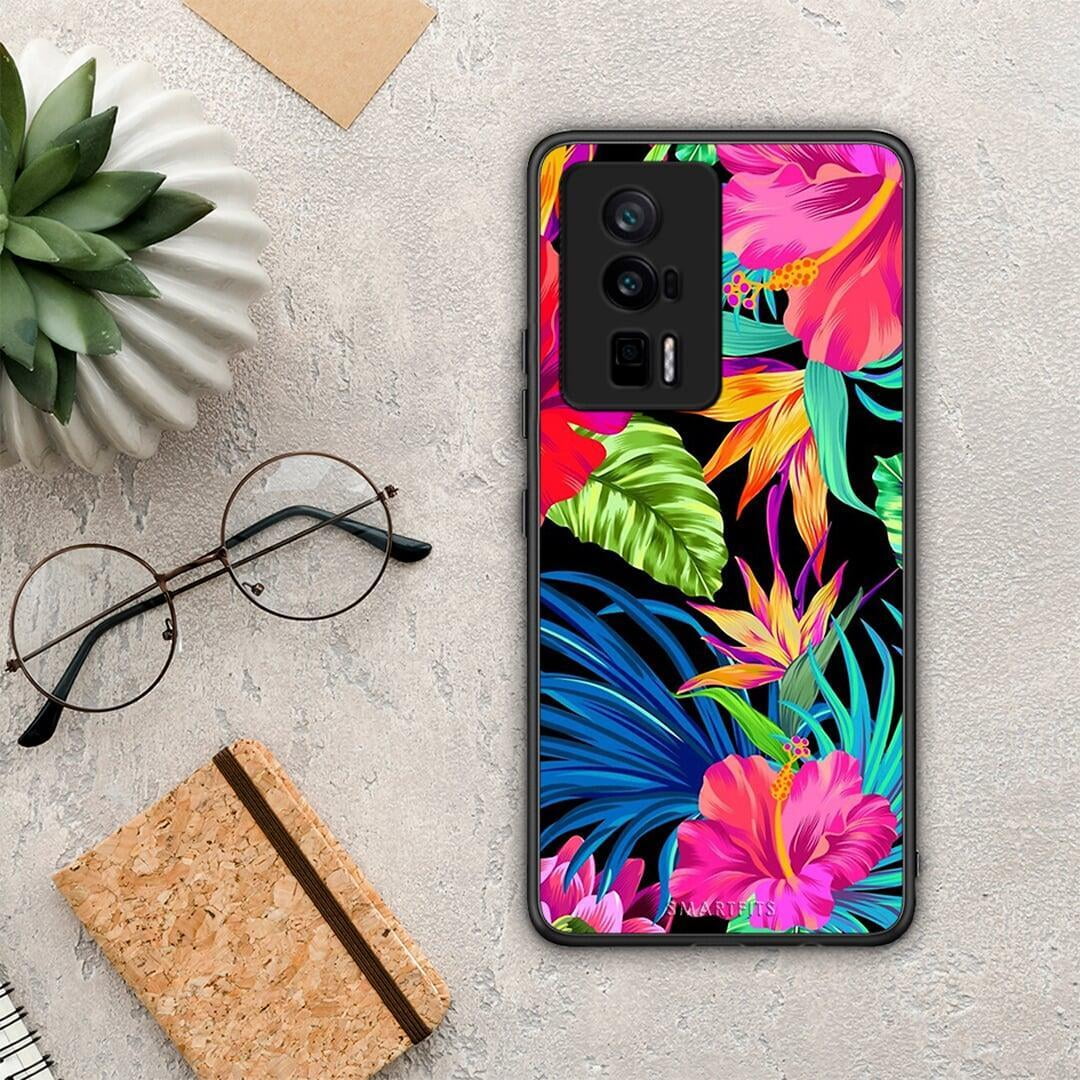 Θήκη Xiaomi Poco F5 Pro / Redmi K60 Pro Tropical Flowers από τη Smartfits με σχέδιο στο πίσω μέρος και μαύρο περίβλημα | Xiaomi Poco F5 Pro / Redmi K60 Pro Tropical Flowers Case with Colorful Back and Black Bezels