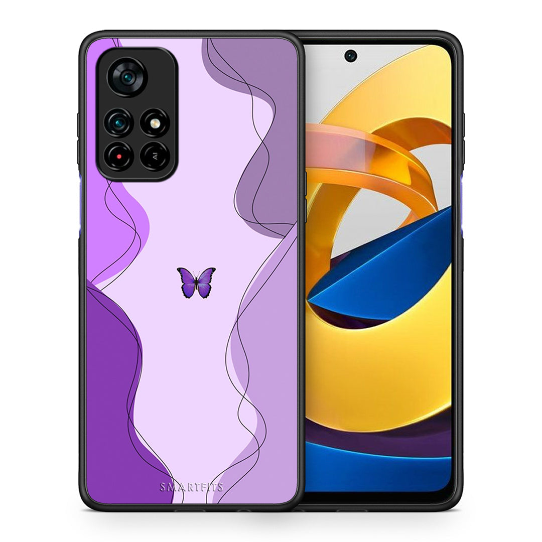 Θήκη Αγίου Βαλεντίνου Xiaomi Poco M4 Pro 5G Purple Mariposa από τη Smartfits με σχέδιο στο πίσω μέρος και μαύρο περίβλημα | Xiaomi Poco M4 Pro 5G Purple Mariposa case with colorful back and black bezels