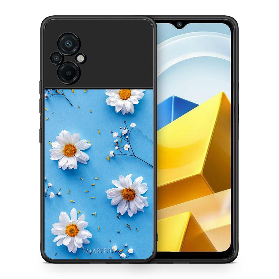 Θήκη Xiaomi Poco M5 / Redmi Note 11E Real Daisies από τη Smartfits με σχέδιο στο πίσω μέρος και μαύρο περίβλημα | Xiaomi Poco M5 / Redmi Note 11E Real Daisies case with colorful back and black bezels