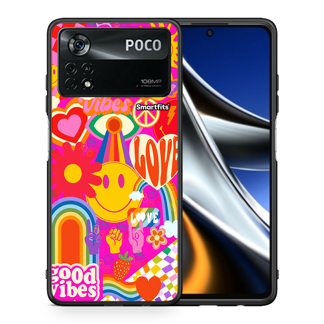 Θήκη Xiaomi Poco X4 Pro 5G Hippie Love από τη Smartfits με σχέδιο στο πίσω μέρος και μαύρο περίβλημα | Xiaomi Poco X4 Pro 5G Hippie Love case with colorful back and black bezels