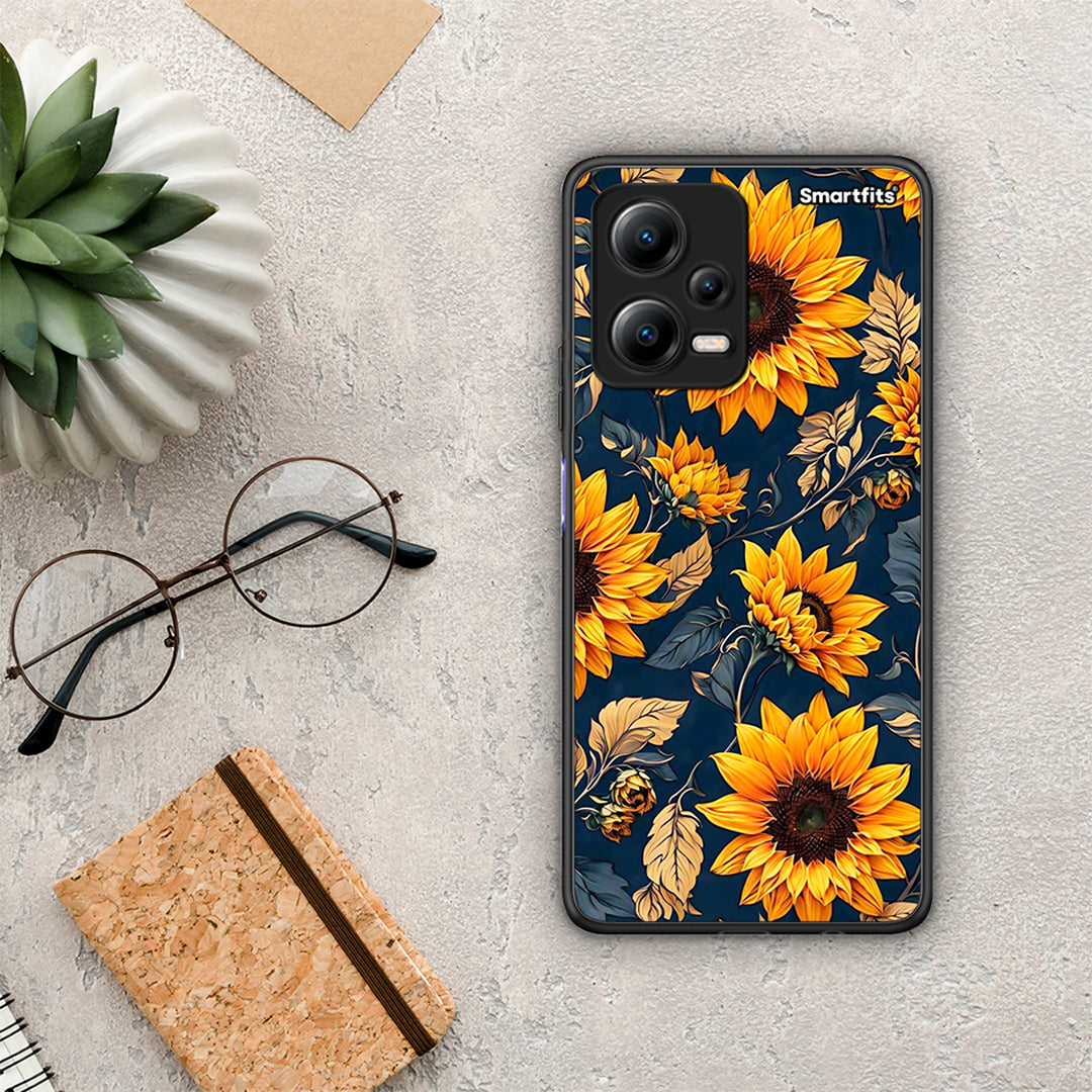Θήκη Xiaomi Poco X5 5G Dual Autumn Sunflowers από τη Smartfits με σχέδιο στο πίσω μέρος και μαύρο περίβλημα | Xiaomi Poco X5 5G Dual Autumn Sunflowers Case with Colorful Back and Black Bezels