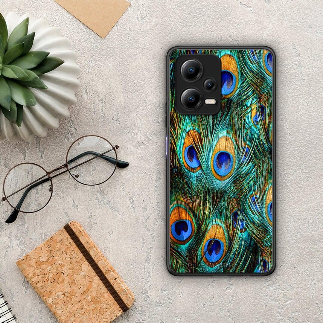 Θήκη Xiaomi Poco X5 5G Dual Real Peacock Feathers από τη Smartfits με σχέδιο στο πίσω μέρος και μαύρο περίβλημα | Xiaomi Poco X5 5G Dual Real Peacock Feathers Case with Colorful Back and Black Bezels