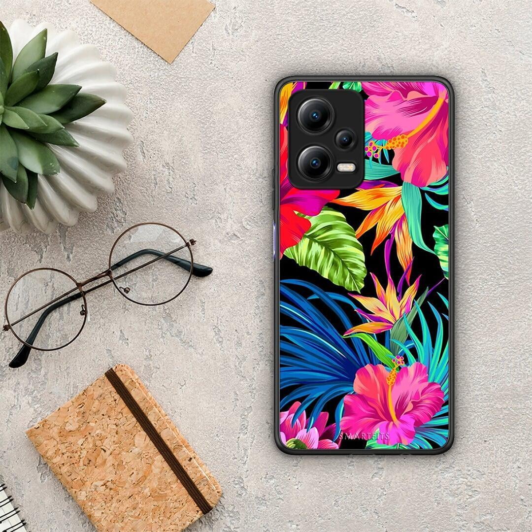 Θήκη Xiaomi Poco X5 5G Dual Tropical Flowers από τη Smartfits με σχέδιο στο πίσω μέρος και μαύρο περίβλημα | Xiaomi Poco X5 5G Dual Tropical Flowers Case with Colorful Back and Black Bezels