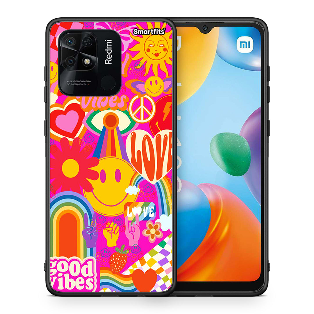 Θήκη Xiaomi Redmi 10C Hippie Love από τη Smartfits με σχέδιο στο πίσω μέρος και μαύρο περίβλημα | Xiaomi Redmi 10C Hippie Love case with colorful back and black bezels
