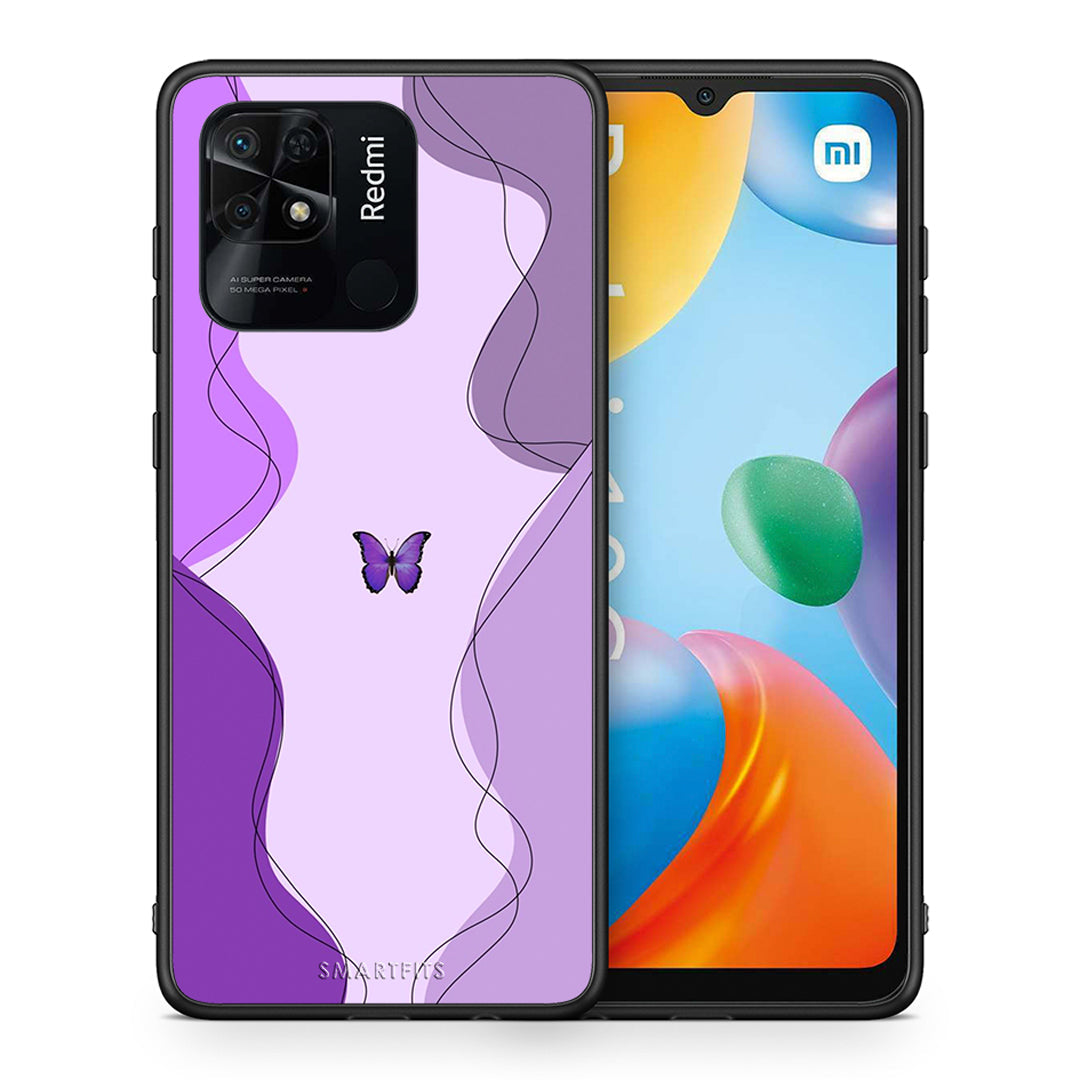 Θήκη Αγίου Βαλεντίνου Xiaomi Redmi 10C Purple Mariposa από τη Smartfits με σχέδιο στο πίσω μέρος και μαύρο περίβλημα | Xiaomi Redmi 10C Purple Mariposa case with colorful back and black bezels