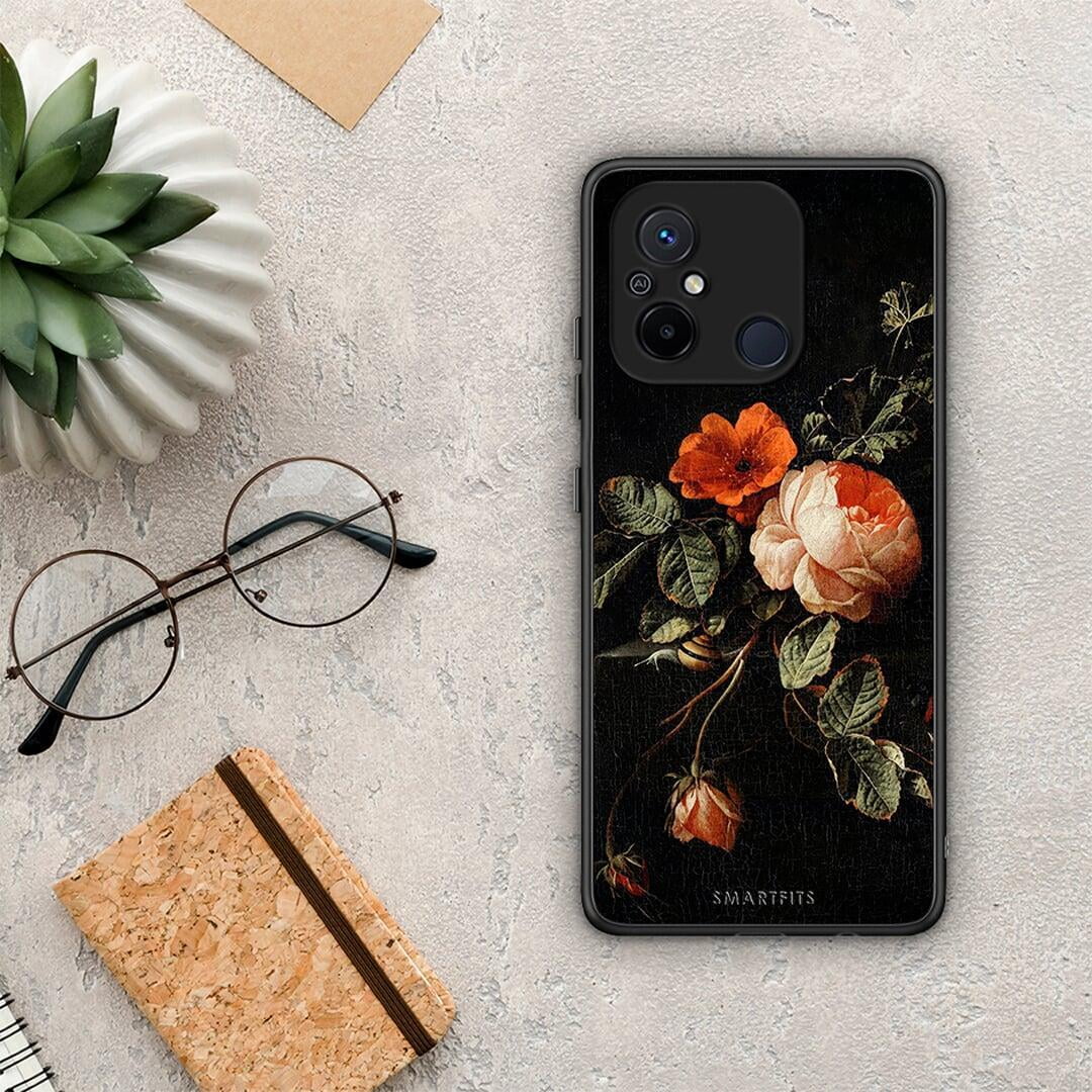 Θήκη Xiaomi Redmi 12C Vintage Roses από τη Smartfits με σχέδιο στο πίσω μέρος και μαύρο περίβλημα | Xiaomi Redmi 12C Vintage Roses Case with Colorful Back and Black Bezels