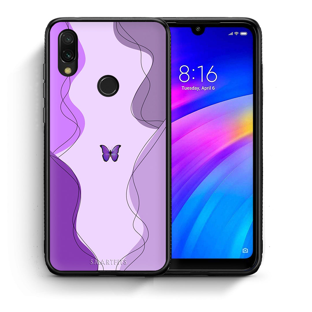 Θήκη Αγίου Βαλεντίνου Xiaomi Redmi 7 Purple Mariposa από τη Smartfits με σχέδιο στο πίσω μέρος και μαύρο περίβλημα | Xiaomi Redmi 7 Purple Mariposa case with colorful back and black bezels