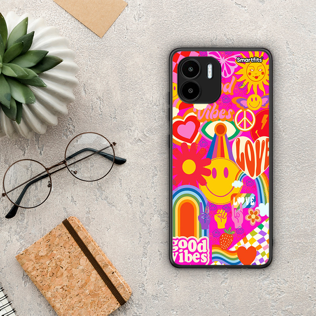 Θήκη Xiaomi Redmi A1 / A2 Hippie Love από τη Smartfits με σχέδιο στο πίσω μέρος και μαύρο περίβλημα | Xiaomi Redmi A1 / A2 Hippie Love Case with Colorful Back and Black Bezels