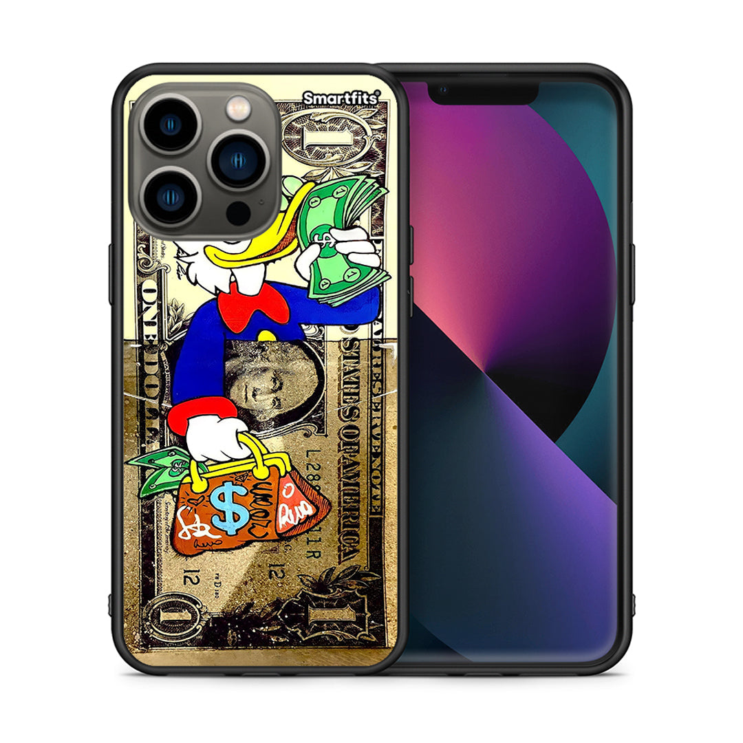 Θήκη iPhone 13 Pro Duck Money από τη Smartfits με σχέδιο στο πίσω μέρος και μαύρο περίβλημα | iPhone 13 Pro Duck Money case with colorful back and black bezels