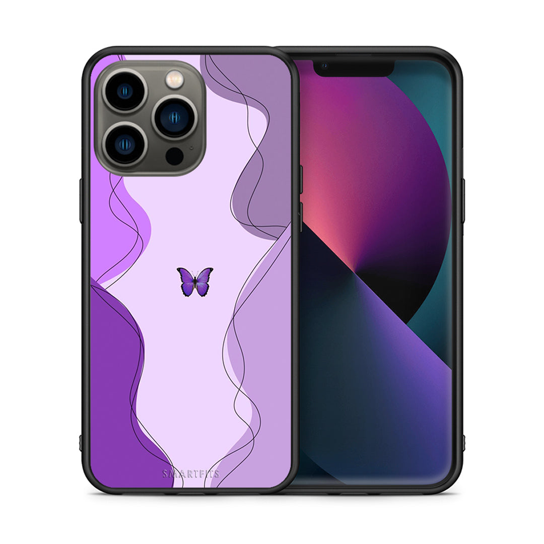 Θήκη Αγίου Βαλεντίνου iPhone 13 Pro Purple Mariposa από τη Smartfits με σχέδιο στο πίσω μέρος και μαύρο περίβλημα | iPhone 13 Pro Purple Mariposa case with colorful back and black bezels