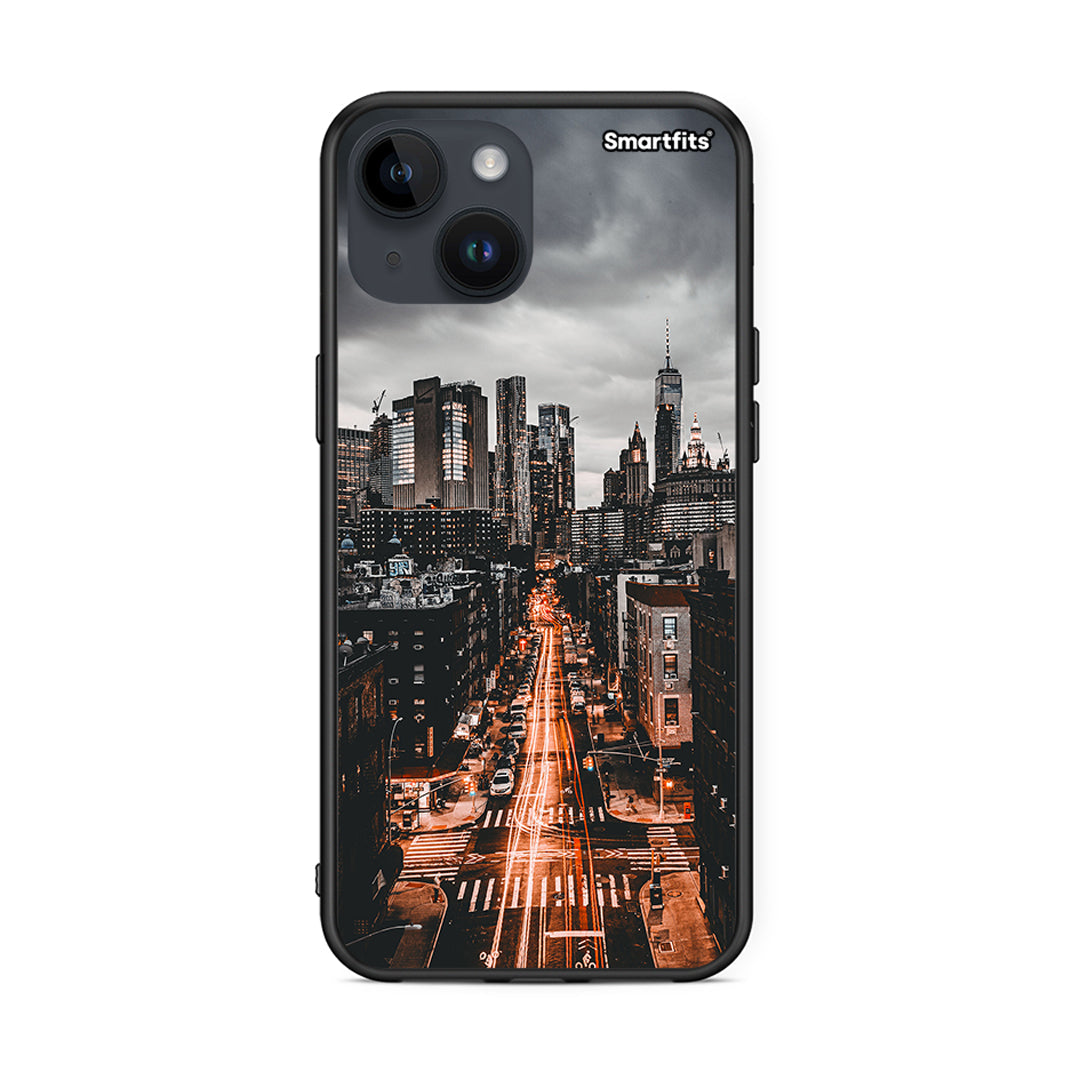 iPhone 15 City Lights θήκη από τη Smartfits με σχέδιο στο πίσω μέρος και μαύρο περίβλημα | Smartphone case with colorful back and black bezels by Smartfits