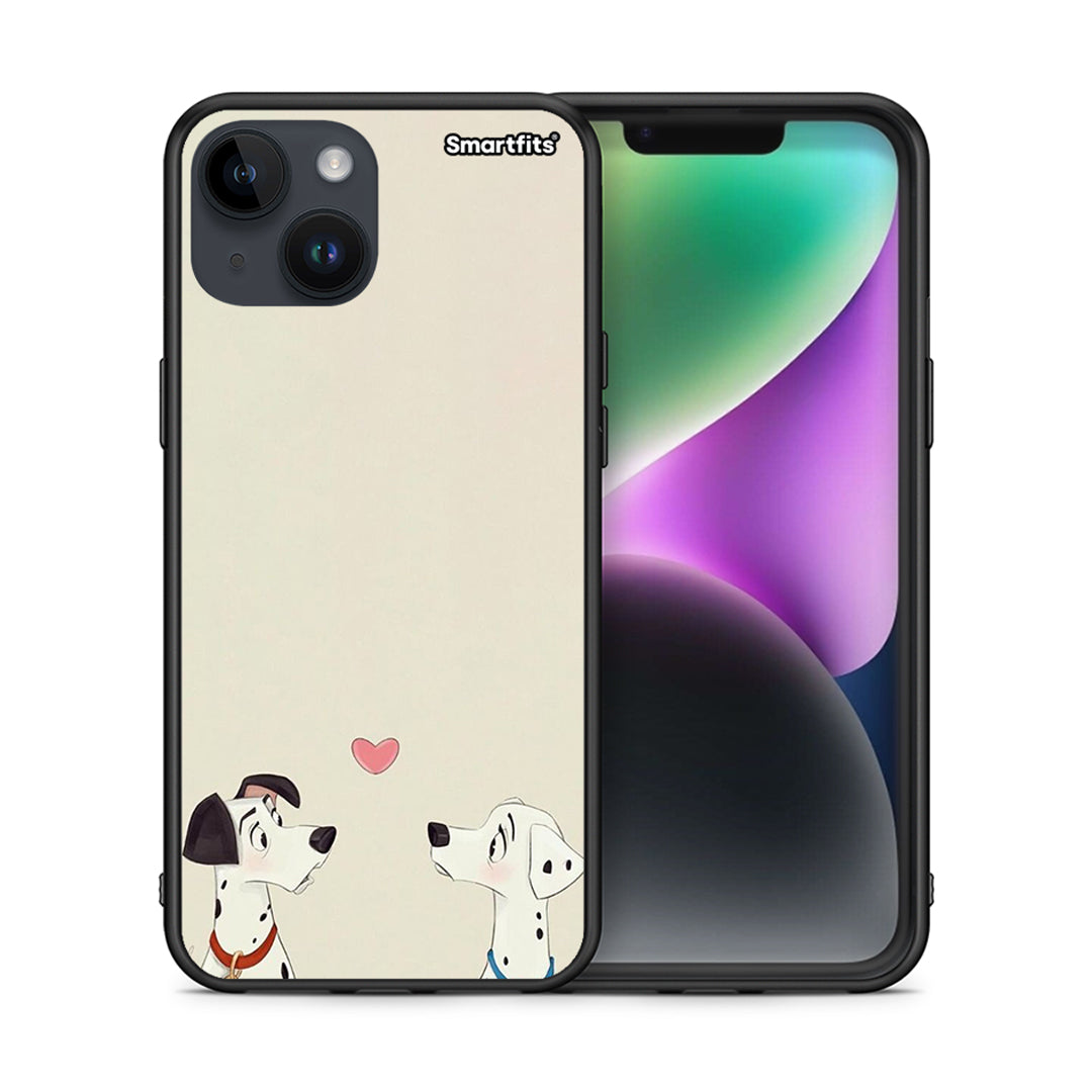 Θήκη iPhone 15 Dalmatians Love από τη Smartfits με σχέδιο στο πίσω μέρος και μαύρο περίβλημα | iPhone 15 Dalmatians Love case with colorful back and black bezels
