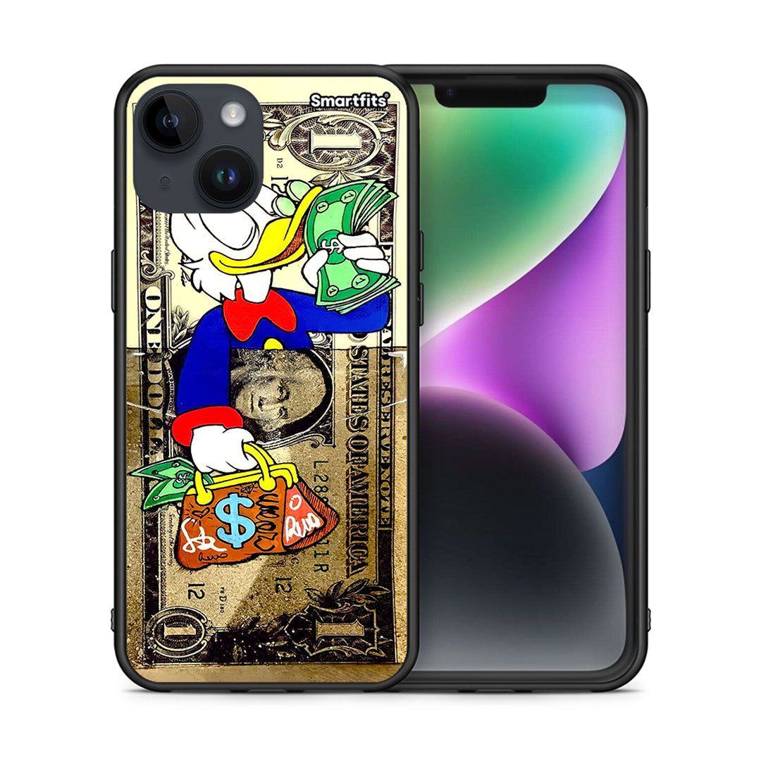 Θήκη iPhone 14 Duck Money από τη Smartfits με σχέδιο στο πίσω μέρος και μαύρο περίβλημα | iPhone 14 Duck Money case with colorful back and black bezels