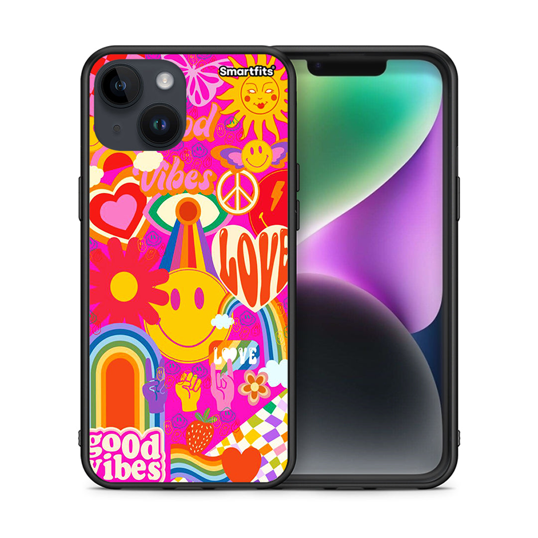 Θήκη iPhone 15 Hippie Love από τη Smartfits με σχέδιο στο πίσω μέρος και μαύρο περίβλημα | iPhone 15 Hippie Love case with colorful back and black bezels
