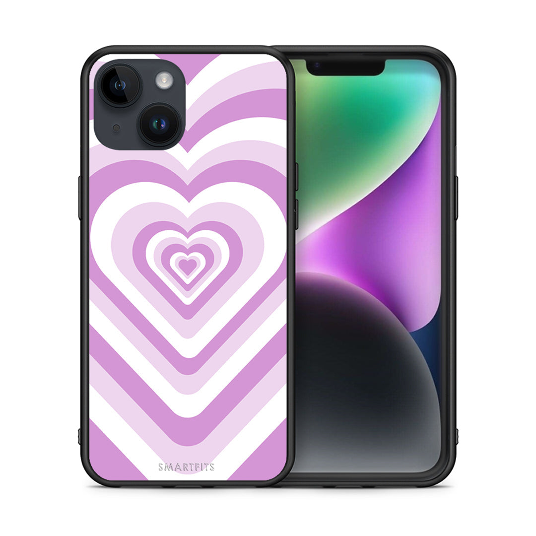 Θήκη iPhone 15 Lilac Hearts από τη Smartfits με σχέδιο στο πίσω μέρος και μαύρο περίβλημα | iPhone 15 Lilac Hearts case with colorful back and black bezels