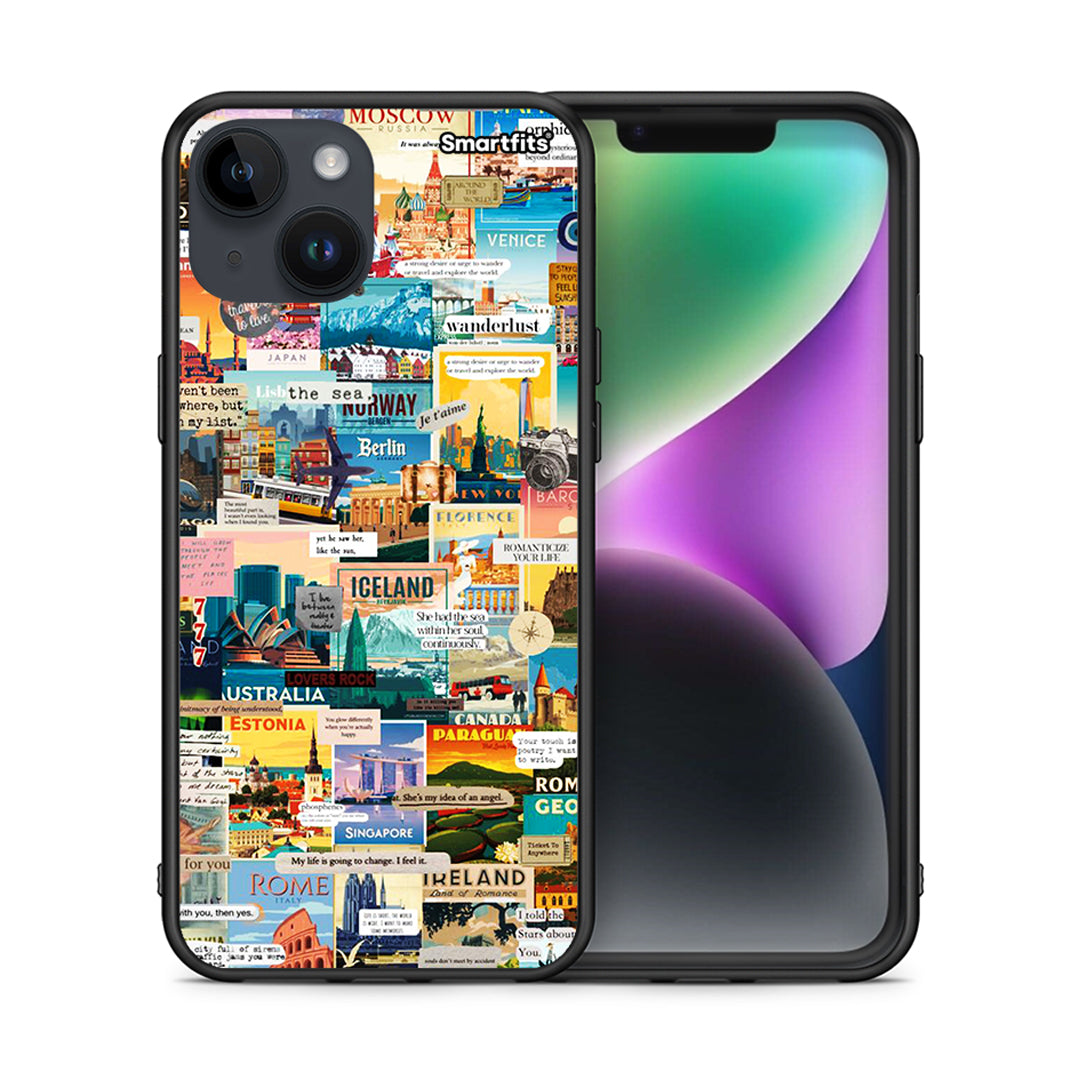 Θήκη iPhone 15 Live To Travel από τη Smartfits με σχέδιο στο πίσω μέρος και μαύρο περίβλημα | iPhone 15 Live To Travel case with colorful back and black bezels